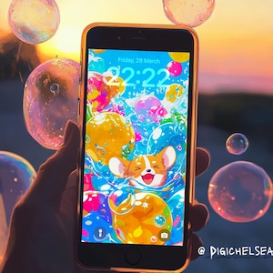 Summer Anime Corgi Phone Wallpaper | Playful Rainbow Bubbles | Tropical Blue Sea & Sky | Vibrant Digital Painting | Joyful Beach Vibe
