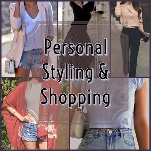 May include: A collage of women's fashion featuring various outfits. Includes a light pink blazer, denim shorts, a black top with a patterned skirt, a peach blouse with black pants, a red kimono, and a blue crop top. Text reads "Personal Styling & Shopping."