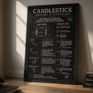 Könnte beinhalten: Ein schwarz gerahmtes Lehrplakat mit dem Titel Candlestick Anatomy & Psychology mit weißem und farbigem Text. Es zeigt Diagramme von Handelsmustern wie Hammer, Doji und Engulfing und erklärt die Marktpsychologie mit Bullen- und Bärensymbolen.