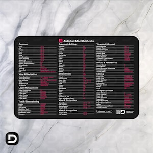 Peut inclure: Tapis de souris rectangulaire noir avec du texte blanc détaillant les raccourcis AutoCAD Mac. Le tapis de souris comprend des commandes pour le dessin, l'édition, la fenêtre et la mise en page.
