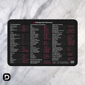 May include: Black rectangular InDesign Mac Shortcuts mousepad. The mousepad has white text detailing keyboard shortcuts for file management, text editing, table of contents, and more. A large white "D" logo is in the bottom left corner.