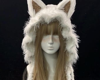 Fox Ear Plush Hood: Handmade White Charm with Beige Inner Ears