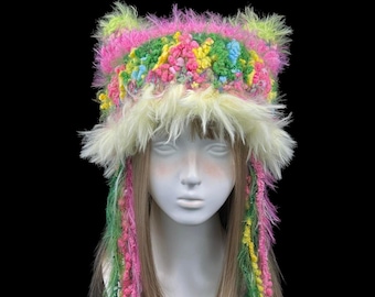 Pastel Cat Ear Hat with Faux Fur Brim and Candy Color Texture