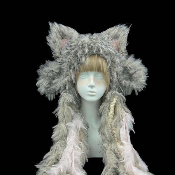 Handmade Grey Shaggy Wolf Fox Ear Hood with Pink Inner Ears and Long Tassels, Fantasy Animal Hood Hat for Festival Cosplay