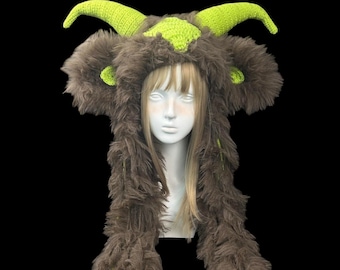Neon Green Mountain Goat Horn Hat with Brown Shaggy Fur Hood