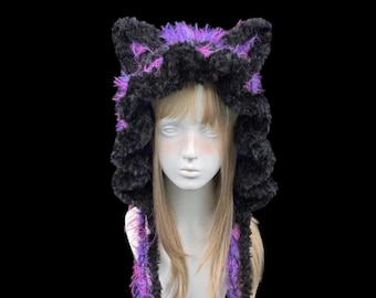 Black Cat Ear Hood with Purple Shaggy Fur and Long Tassels