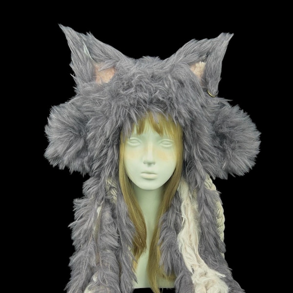 Gray Purple Wolf Fox Ear Hood with Long Shaggy Fur, Handmade Woodland Festival Hat with Tassels