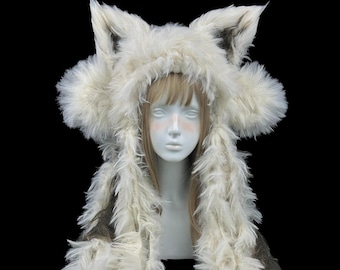 Ivory Wolf Fox Ear Ear Hat with Long Brown Striped Panels