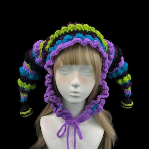 Colorful Crochet Jester Hat with Double Tails and Ruffle Trim