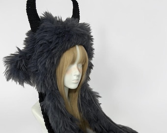 Dark Gray Mountain Goat Horn Hat with Long Shaggy Fur