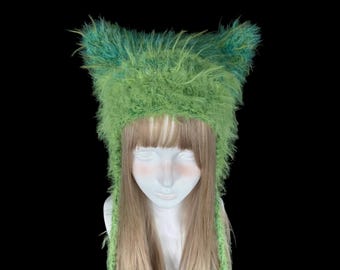Fluffy Lime Green Cat Ear Hat with Long Tassels
