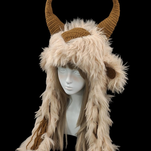 Shaggy Goat Horn Hood Hat With Long Dramatic Drape