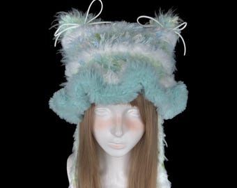 Fluffy Pastel Cat Ear Hat with Long Tassels and Soft Texture