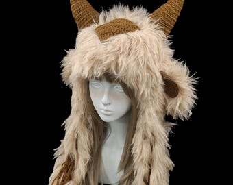Shaggy Goat Horn Hood Hat With Long Dramatic Drape