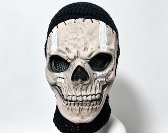 Black Crochet Skull Balaclava with Stitched Bone Face Mask
