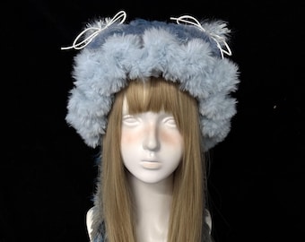 Fluffy Sky Blue Cat Ear Hat with Jellyfish Edge and Long Tassels