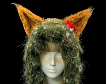 Gorro de ganchillo hecho a mano con orejas de zorro del bosque – Gorro Fairycore Forest con adornos de setas desmontables