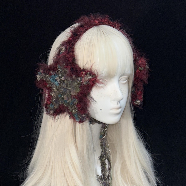 ディープワインレッドのスターイヤーマフ、フェアリーコア、ウッドランドフェスティバルのヘッドウェア