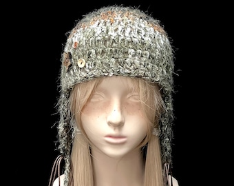 Woodland Earflap Crochet Hat with Wooden Star and Button Accents