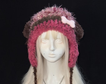 Handmade Crochet Magenta Pink Puppy Ear Hat - Cozy Adjustable with Detachable Bone