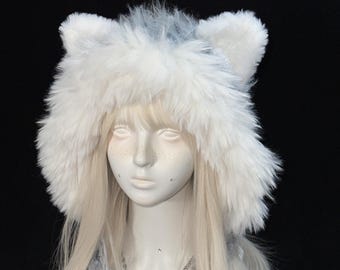 Gorro de felpa con orejas de zorro - Prenda suave y acogedora de hilo para estilo y calidez - Gris y azul