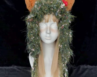 Handmade Crochet Woodland Fox Ear Hood – Fairycore Forest Hat with Detachable Mushroom Charms