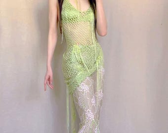 Original Vintage Crochet Fringe Dress Asymmetric Green Strap Design