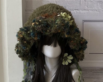Handmade Brown Green Vintage Bucket Hat with Floral Decorations