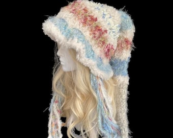 Handmade Pastel Crochet Witch Hat with Long Tassels and Pom Pom