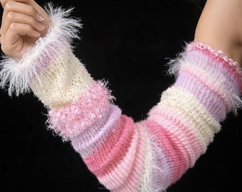 Pastel Pink & Purple Gradient Stackable Crochet Arm Warmers - Handmade Y2K Fuzzy Sleeve