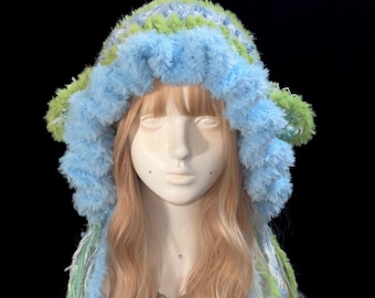 Blue Sheep Ear Hood, Jellyfish Trim Hat, Pastel Fantasy Hood