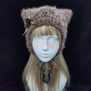 Vintage Floral Crochet Cat Ear Hat - Warm Plush Adjustable image 3