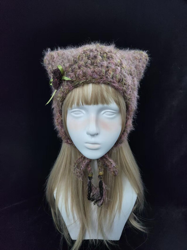 Vintage Floral Crochet Cat Ear Hat - Warm Plush Adjustable image 3