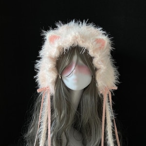 Fluffy Pink Cat Ear Headband, Handmade Furry Cosplay Hood, Cute Animal Ears Bonnet, Unique Gift for Girls & Women,  Lolita Fashion Accessory