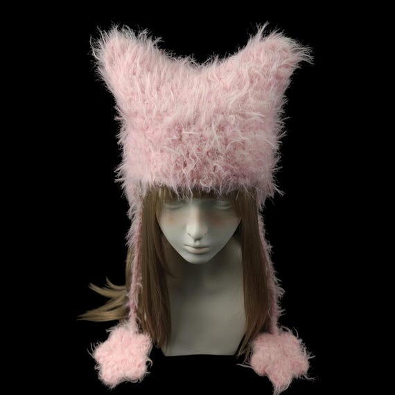 Fluffy Pink Cat Ear Beanie: Handmade Knitted Winter Hat - Etsy