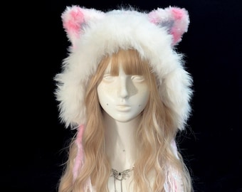 White Cat Ear Hood with Pink Accents and Long Tassels
