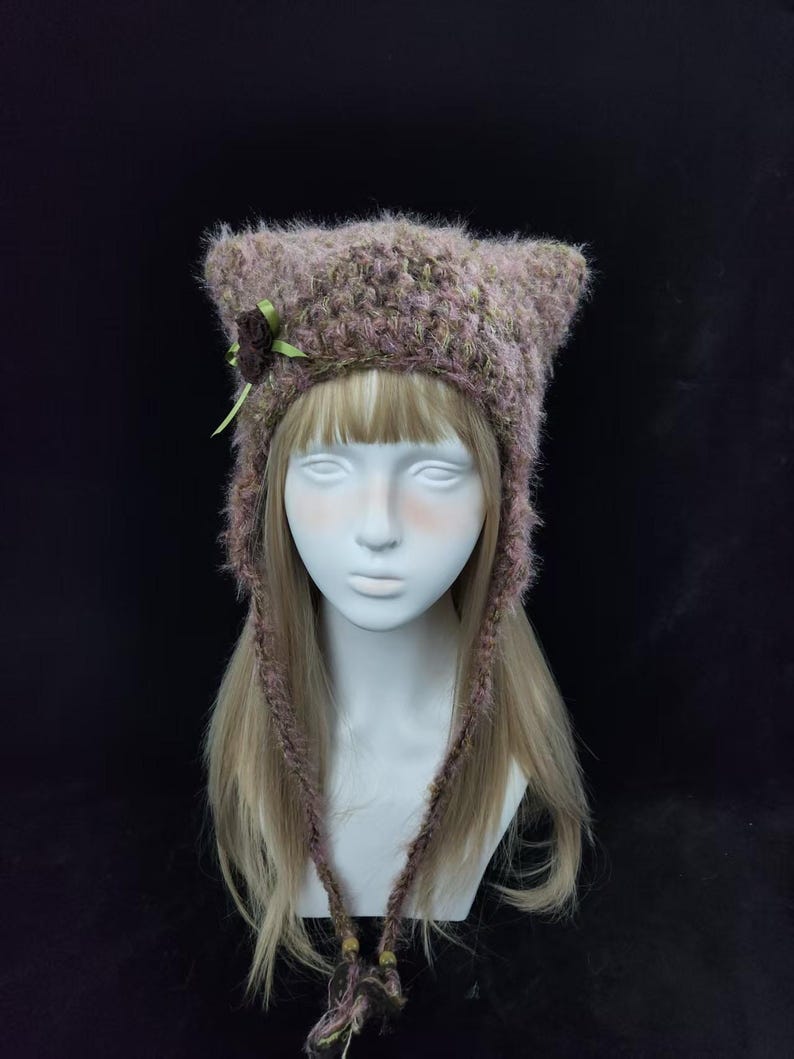 Vintage Floral Crochet Cat Ear Hat - Warm Plush Adjustable image 2
