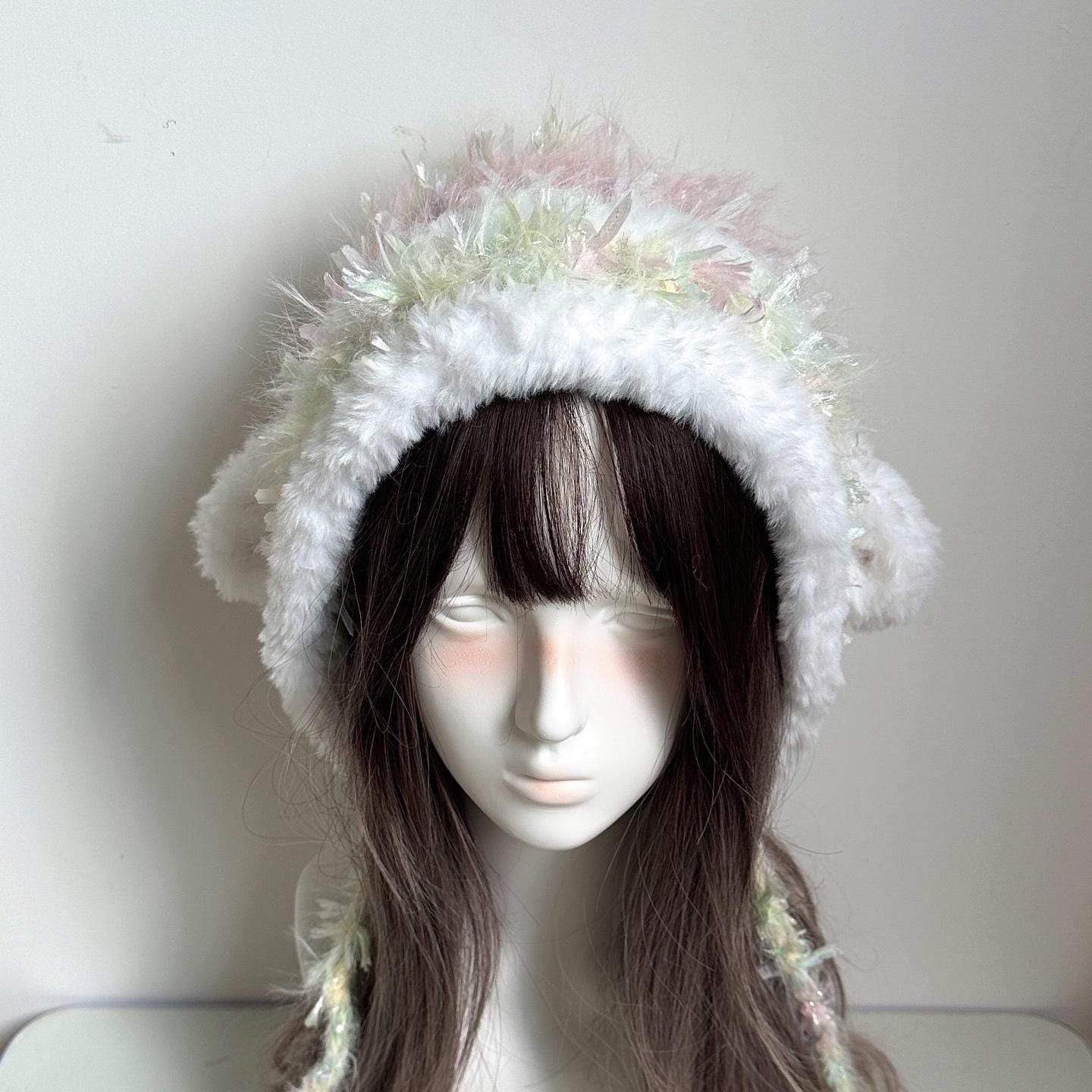 Handmade Pastel Lamb Ear Beanie: Fluffy Hooded Winter Bonnet
