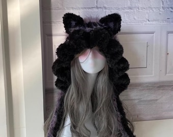 Purple Black Furry Cat Ear Hood - Handmade Fuzzy Hat