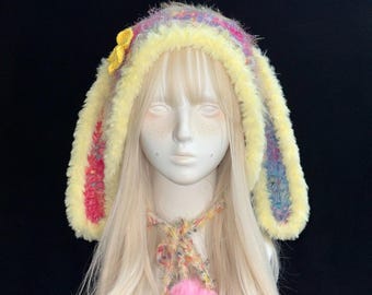 Handmade Usahana Bunny Hat | Pastel Rabbit Ears | Detachable Flowers | Cozy Festival Accessory