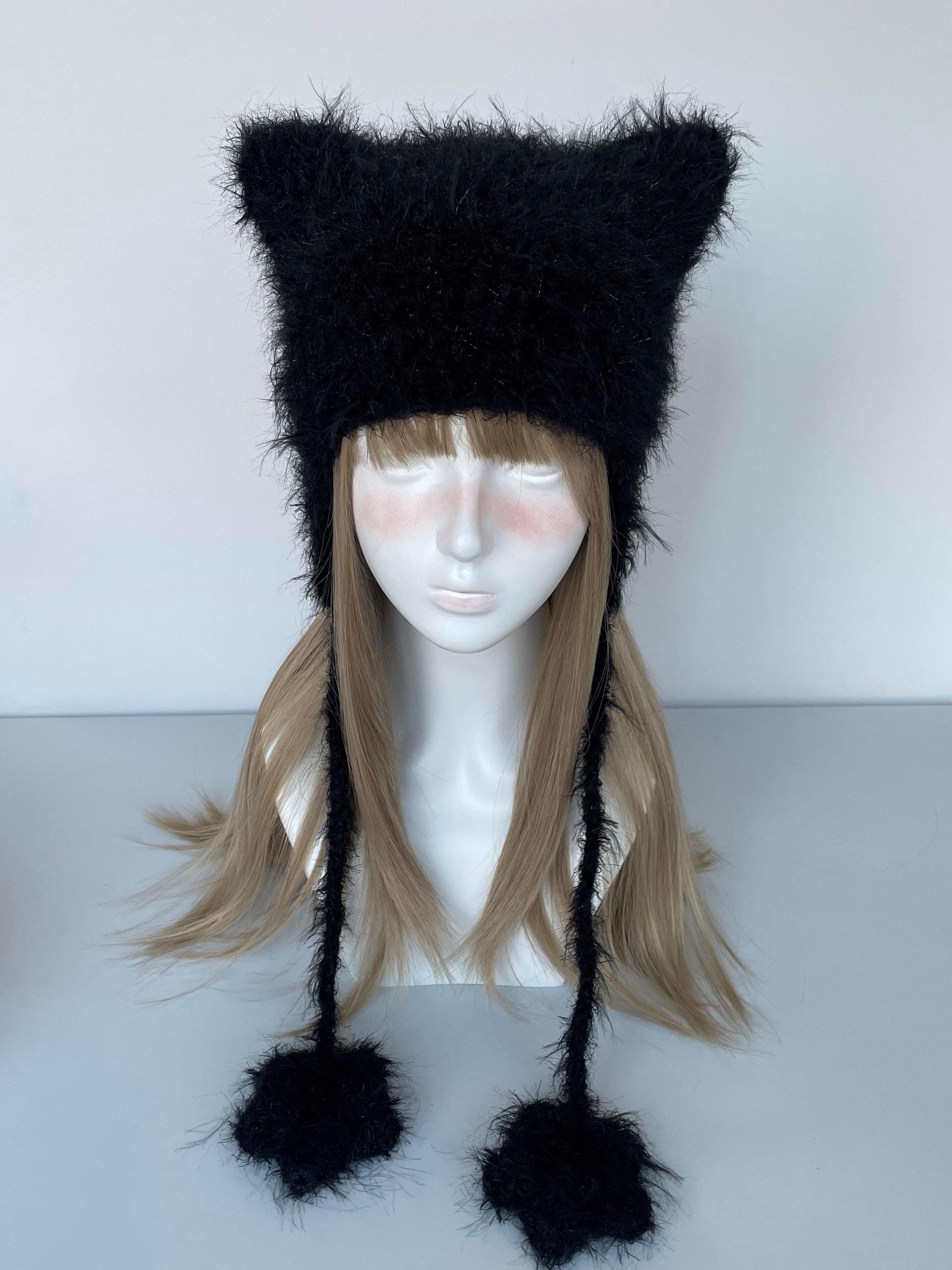 Handmade Fluffy Black Cat Ear Beanie: Soft Knit Winter Hat - Etsy