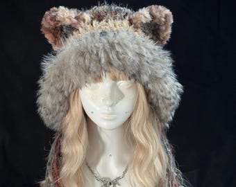 Rustic Cat Ear Hood with Long Tassels Handmade Fantasy Hood