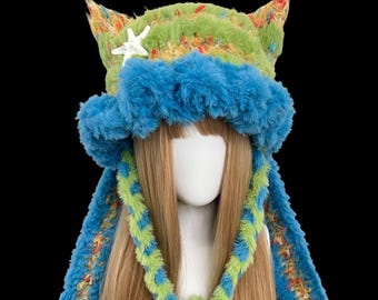 Plush Teal Cat Rabbit Ears Crochet Winter Beanie