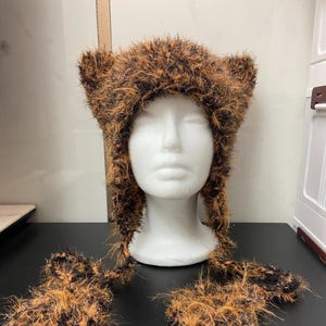 Handmade  Cat Ear Beanie, Mixed Yarn Brown Orange Animal Ears Winter Hat, Unisex Cosplay Costume Accessory, Unique Gift for Women and Men