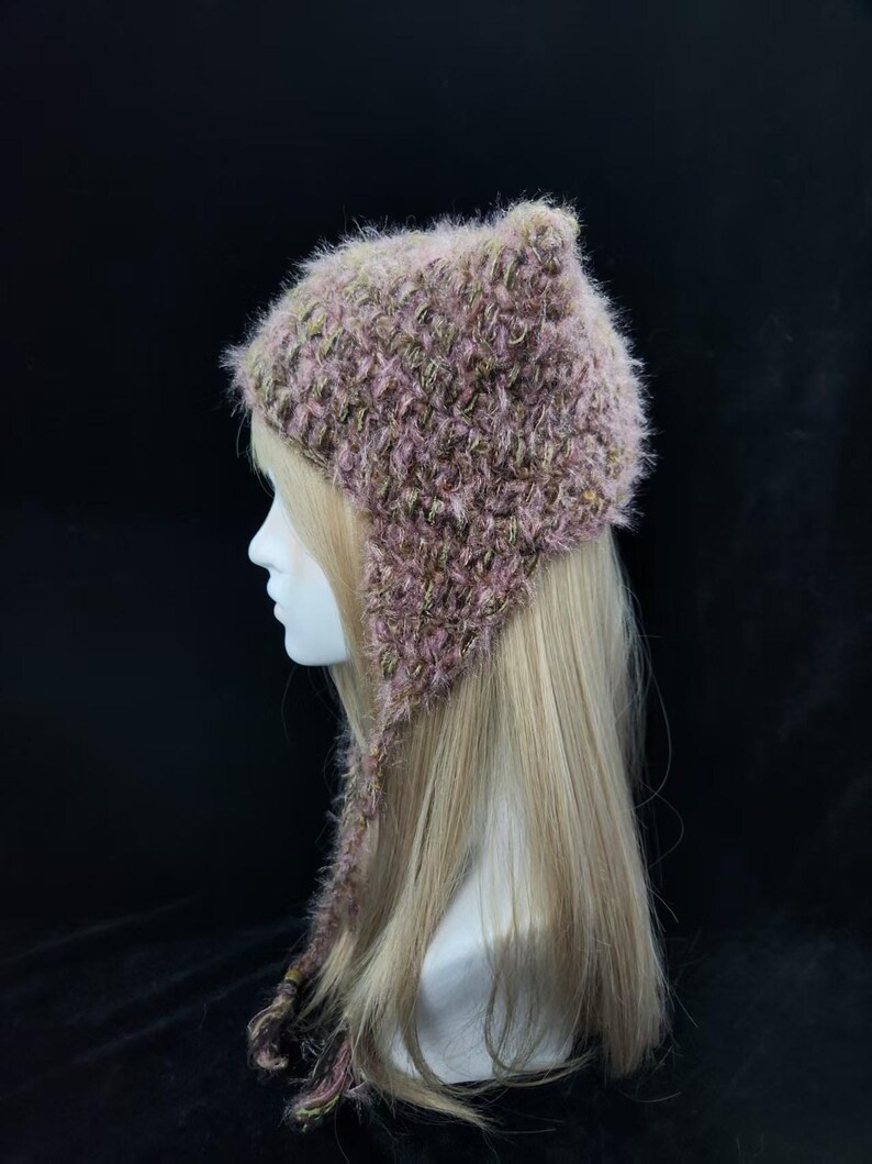 Vintage Floral Crochet Cat Ear Hat - Warm Plush Adjustable image 5