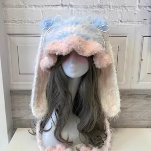 Kawaii Bunny Cat Ear Beanie Hat Detachable Fluffy Ears Pink Blue Faux Fur Winter Warm Animal Hood Cosplay Costume Accessory