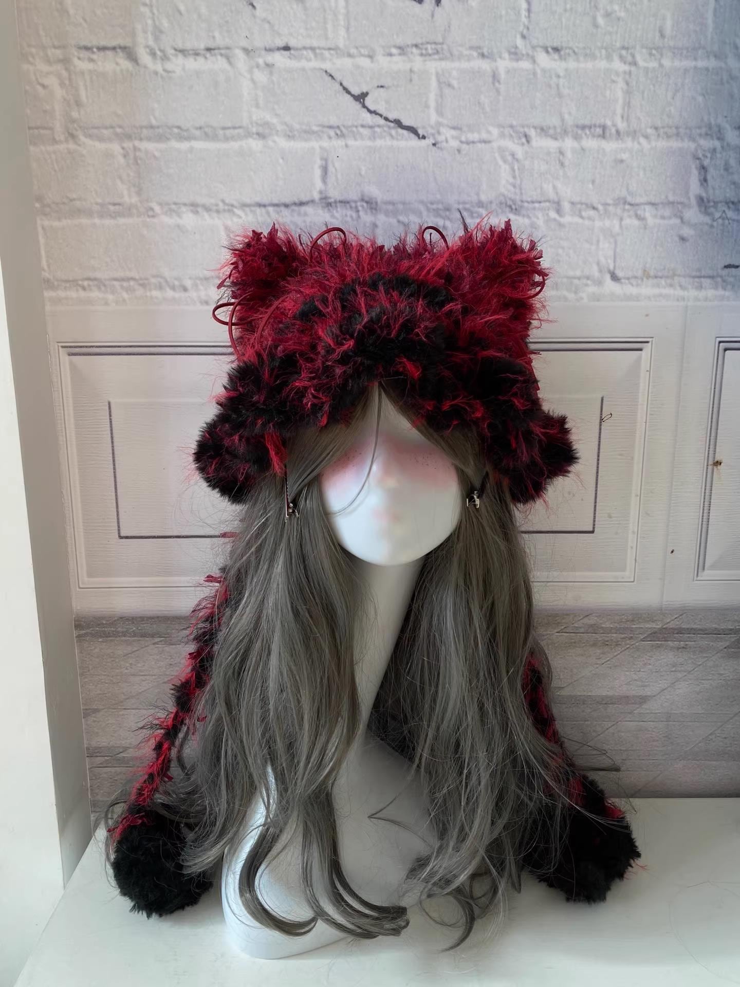Gothic Red Faux Fur Cat Ear Beanie: Wavy Brim Cosplay Hat - Etsy