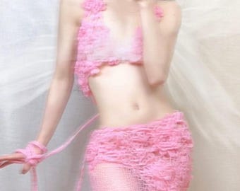 Vintage Crochet Floral Set Sculptural Openwork Statement Design