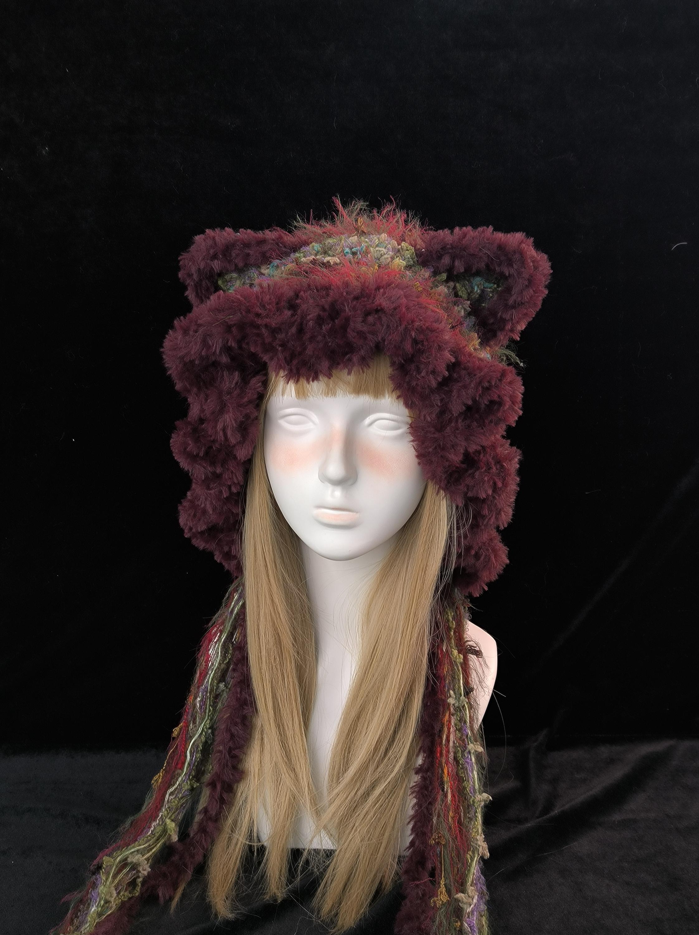 Burgundy Fairycore Cat Ear Hood Hat With Jellyfish Brim Tassels - Etsy