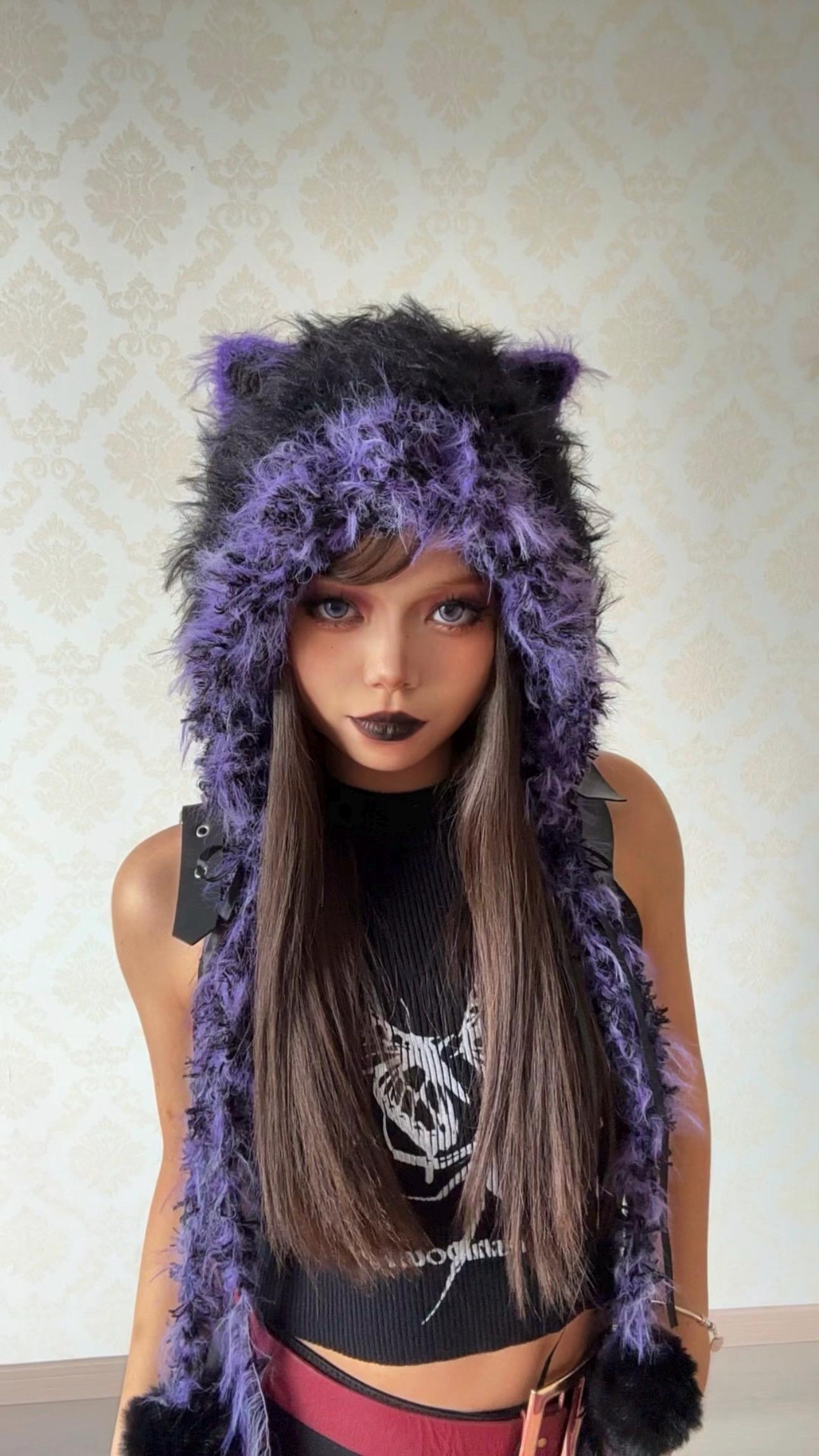 Black & Purple Cat Ear Hood Hat - Plush and Warm - Etsy Hong 